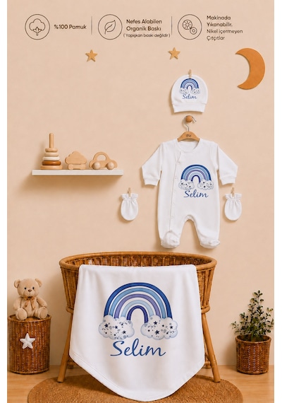 Pia Baby Kişiye Özel Erkek Bebek Tulum Set 4 Parça %100 Pamuk İsimli Organik Baskılı Battaniyeli 1101btyx Krem