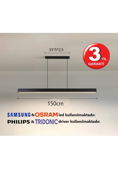 Linear 150cm Siyah Kasa Ledli Sarkıt Modern Led Avize, Salon, Mutfak, Masa Üstü Avize Aydınlatma Doğal