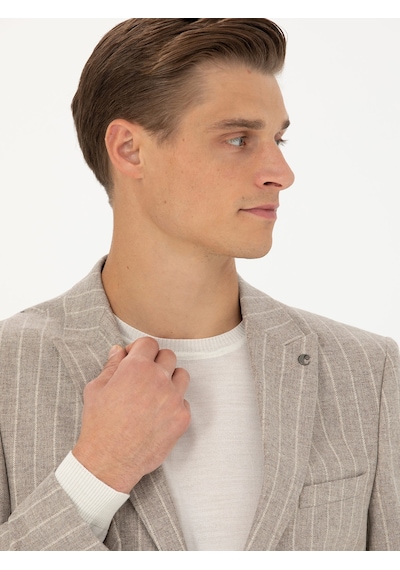Cacharel Bej Slim Fit Yün Kaşmir Karışımlı Çizgili Klasik Ceket