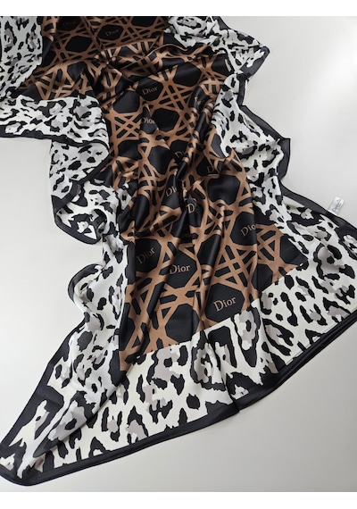 Miorel Scarfs Leopar Tema Cd Tema Vual İpek Şal Aksesuar Fular Silk Scarfs Shawl Hijab Kahverengi
