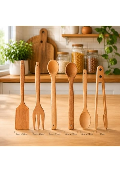 6 Parça Mutfak Spatula Ve Kaşık Seti Doğal Ahşap Çizilmez Yapışmaz Tencereye Uyumlu Kaşıklık Hediyeli