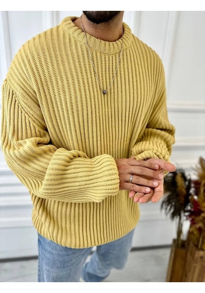Elku Moda Oversize Kazak Bol Kesim Tüylenmeyen Salaş Triko Kazak Hardal