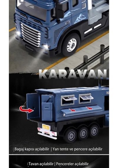 Oyuncak Tır Ve Karavan Seti - 39cm Büyük Boy Metal Kupa Işıklı Sesli Çek Bırak Oyuncak Araba