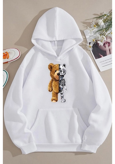 Uyguntarz Unisex Boys Bear Baskılı Sweatshirt beyaz