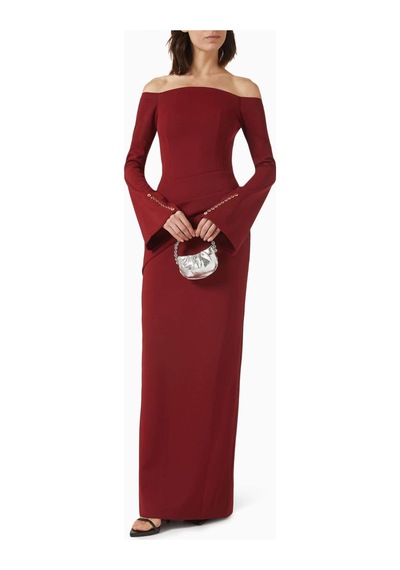 Eegen Studio Louisa Maxi Dress - Off - Shoulder, Düğmeli Kollu, Sırt Yırtmaçlı, Şık Tasarım Elbise Kırmızı