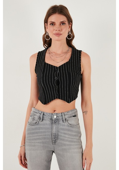 Lela Slim Fit Kalp Yaka Düğmeli Kalın Askılı Crop Bayan Yelek 5865497 Beyaz-Siyah