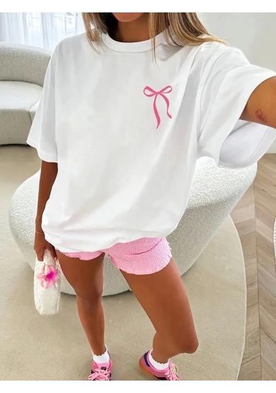 Ge Ticaret Fiyonk Baskılı Oversize Bisiklet Yaka T-shirt - Beyaz Beyaz