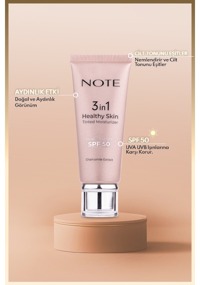 Note Cosmetique 3 in 1 Healthy Skin Light Tinted Moisturizer SPF 50 Renk Ton Eşitleyici Aydınlatıcı Krem 00 Açık Ton