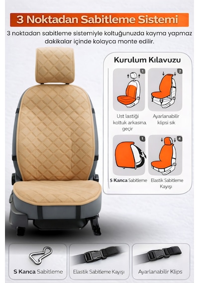 Oto Koltuk Kılıfı Tay Tüyü Tekli Ön Minder 4 Katmanlı Terletmez Airbag Uyumlu - Bej