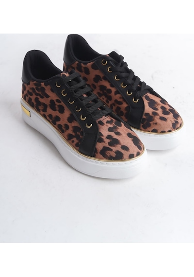 Dmr Elegance Mına Bağcıklı Ortopedik Taban Leopar Desenli Kadın Sneaker Spor Ayakkabı Tbt - Kahverengi