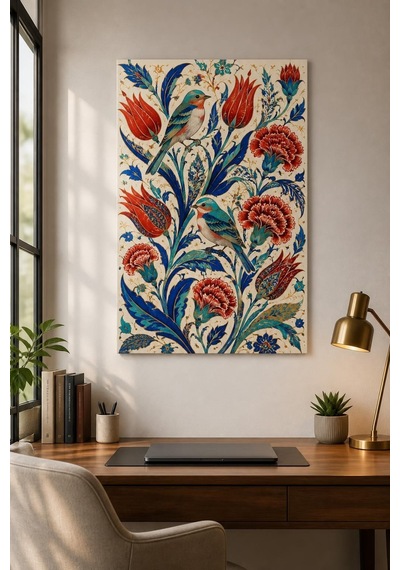 Osmanlı Motifli Kuş Ve Lale Desenli Baskılı Cam Tablo Dekoratif Duvar Sanatı