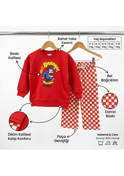 Go Bananas Baskılı Sweatshirt Muz Desenli Eşofman Kız & Erkek Çocuk 3ip Alt Üst Takım Kırmızı Go Bananas Baskılı Sweatshirt Muz Desenli Eşofman Kız & Erkek Çocuk 3ip Alt Üst Takım Kırmızı