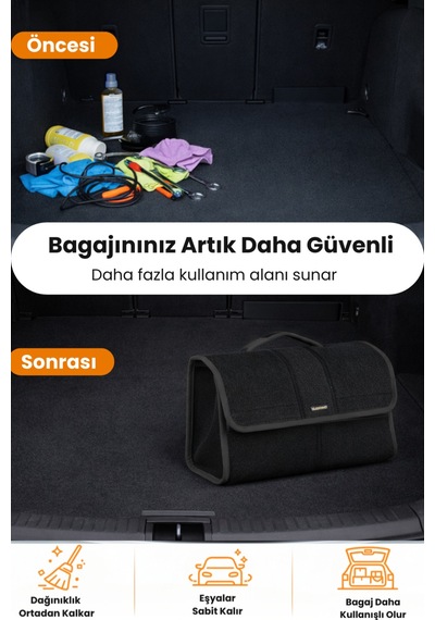 Oto Bagaj Organizer Bagaj Çantası L Boy Kaymaz Cırt Bantlı Velur Kompakt - Siyah