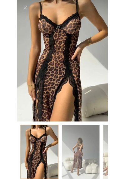 Trend Dokunuş Kadın Tangalı Leopar Desenli Dantel Detaylı Uzun Yırtmaçlı Askılı Romantik Gecelik
