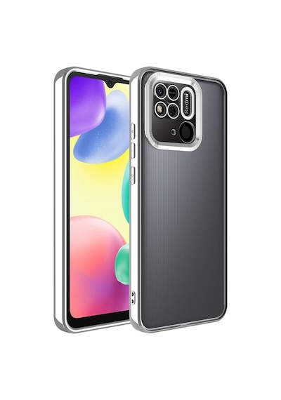 Fibaks Redmi 10c/poco C40 Uyumlu Kılıf Kamera Lens Korumalı Şeffaf Renkli Logo Gösteren Parlak Kapak Gümüş