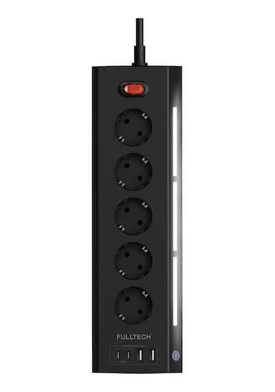 Fulltech FTR-26 Akım Korumalı Priz Siyah 9’lu (5 Priz + 2 USB-A + 2 USB-C) 3680W 16A, 2 Metre Kablolu, Gece Lambalı Çoklu Priz -