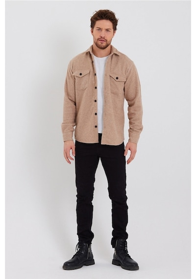 Erkek Vizon Çift Cep Kapaklı Slim Fit Oduncu Gömlek-odg001r9503s Vizon