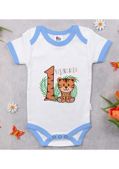 Bk Gift Bk Kids 1 Yaşındayım Tasarımlı Mavi Bebek Body Zıbın-1 Çok Renkli