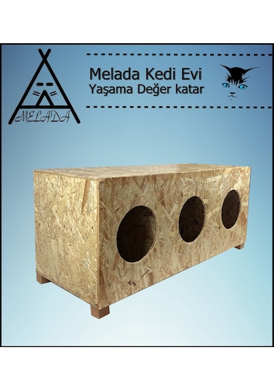 Melada Kedi Evi Dış Ortam Uygun 3'lü Ahşap Kedi Evi Osb 93x41x39 Cm