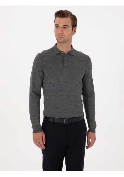 Cacharel Füme Slim Fit Yün Karışımlı Polo Yaka Basic Triko Kazak Gri