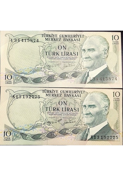 6. Emisyon 10 Türk Lirası. 2 Adet Değışık Harf Eski Koleksiyon Kağıt Para. Hobi Kağıt Para.