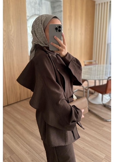 Kahijab Omuz Düğmeli Trenç Takım - Kahverengi Kahverengi