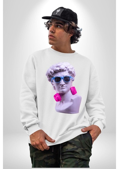 Kulaklık Gözlük Pop Art Heykel Unisex Beyaz Sweatshirt Beyaz