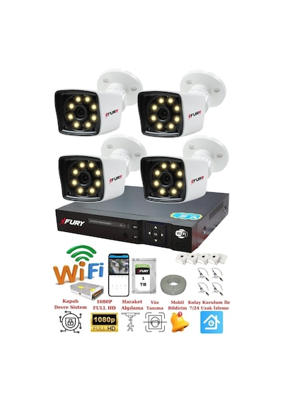 Fury 4 Kameralı 5mp Lens 1080p 2mp Color Görüntü 8 Warm Led Gece Görüş Fullhd Güvenlik Kamera 5525w 1 Tb
