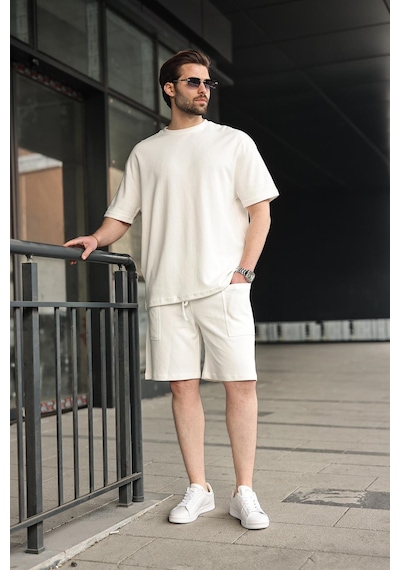 Madmext Ekru Bisiklet Yaka Oversize Erkek Şort T-shirt Takım E7355 Ekru