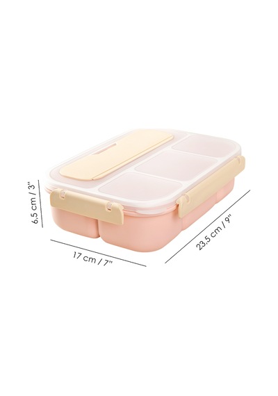 Sızdırmaz Contalı Yemek Kabı - 4 Bölmeli Çatal Kaşıklı Diyet Beslenme Kutusu Lunch Box Pembe Pembe