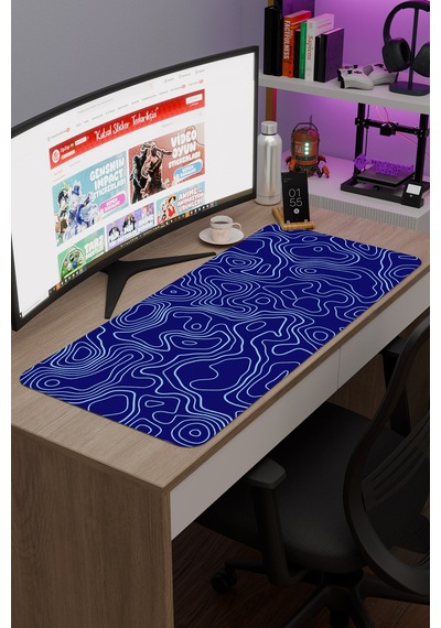 Mavi Lacivert 90x40 Xxl Taraftar Gaming Oyuncu Mouse Pad Kaymaz Taban Büyük Fare Altlığı Topography