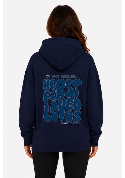 Herkesemoda First Love Arka Baskılı Kapüşonlu 2 İplik Şardonlu Sweatshirt Lacivert