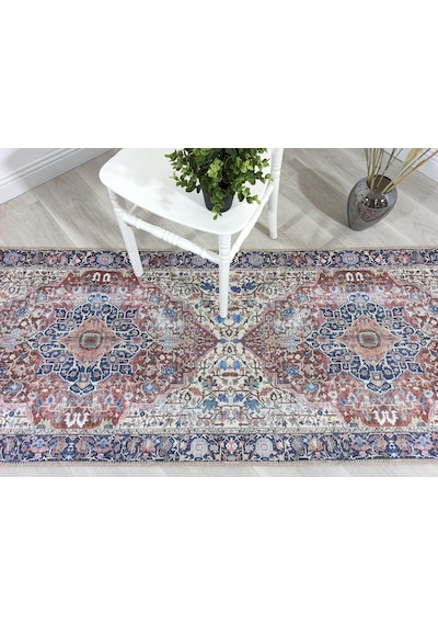 Lacivert Ve Kahverengi Madalyon Desenli Vintage Halı Kırmızı