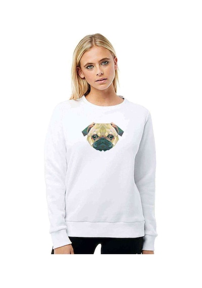 Polygonal Head Dog Köpek Baskılı Beyaz Kadın Sweatshirt
