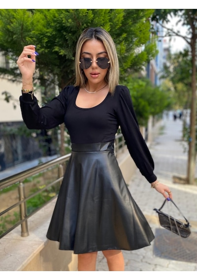 Amorluxe Kadın Uzun Kollu Kare Yaka Üst Viskon Alt Deri Mini Elbise Siyah