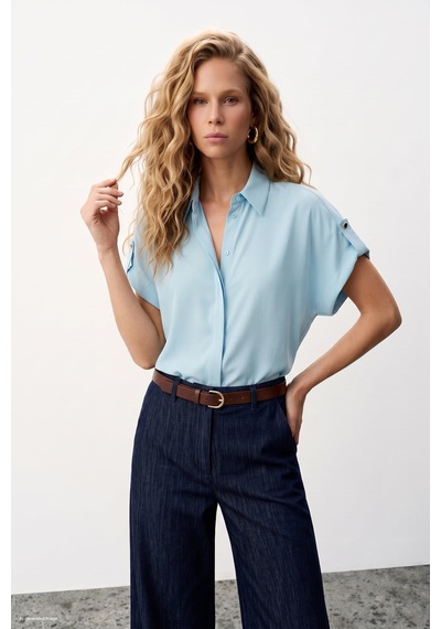 Sateen Kol Detaylı Salaş Gömlek - Bebe Mavi-137627