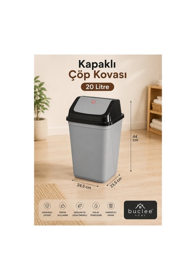 Sallanır Kapaklı Çöp Kovası Gri Mutfak Banyo Ofis Çöp Kutusu 5l - 10l - 20l - 30l Gri - 914200115 Gri