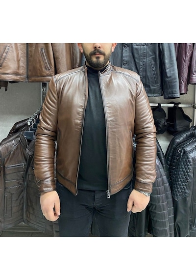 Nyc Giyim Tekstil & Deri Spor Ceket Hakiki Deri Slim Fit ,gündelik,mevsimlik Kahverengi