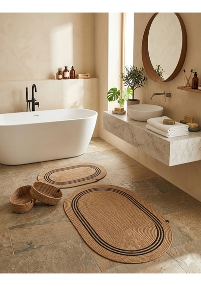 Senza Atelier Oval Jüt Banyo Paspası - Naturel Hasır Dokulu Dekoratif Banyo Halısı Hasır Siyah