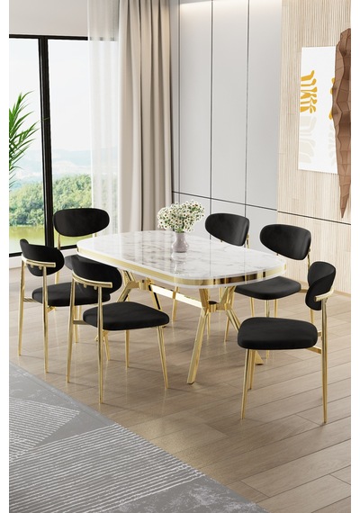 Canisa Olya Serisi 90x168 Lak Panel Beyaz Mermer Desen Masa Takımı Gold Ayaklı 6 Siyah Sandalye Masa Beyaz Mermer Siyah Sandalye Canisa Olya Serisi 90x168 Lak Panel Beyaz Mermer Desen Masa Takımı Gold Ayaklı 6 Siyah Sandalye Masa Beyaz Mermer Siyah Sandalye