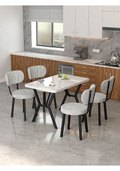 Azra 70x110cm Beyaz Mutfak Masası, Mutfak Masası Takımı, Yemek Masası, 4 Açık Gri Sandalye Açık Gri
