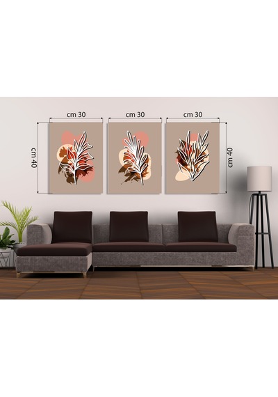 Toprak Tonları Soyut Yaprak Desenli 3'lü Mdf Tablo Seti Bohem Stil & Modern Sanat Delmeden Montaj