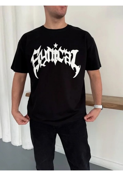 Zenna Tarz Erkek Bisiklet Yaka Ön Baskılı Kısa Kollu Tişört Streetwear Günlük Basic Pamuklu T-shirt - Siyah