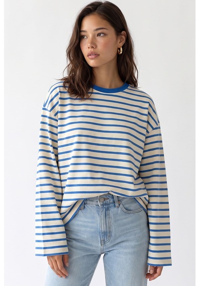 Mixray 2236 Çizgili Bisiklet Yaka Uzun Kol Oversize Sweatshirt Mavi