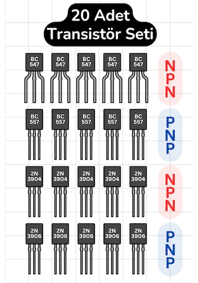 20 Adet Bjt To-92 Transistör Seti - Bc547 + Bc557 + 2n3904 + 2n3906