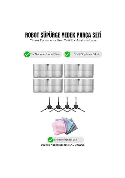 Dreame L40 Ultra Ce İle Uyumlu 4 Yan Fırça 4 Filtre 1 Temizlik Bezi 10.0