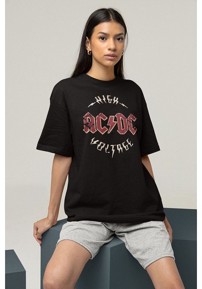 High Ac Dc Voltage Baskılı Unisex Oversize Rock Metal Tişört Siyah