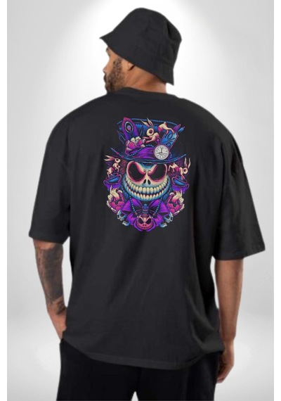 The Mad Skeleton Karakter Pamuklu Unisex Oversize Sırt Dijital Baskılı Siyah T-shirt Siyah