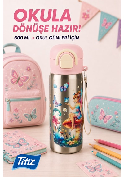 Siply Desenli Paslanmaz Çelik Okul Matarası 600ml Pembe Toz pembe
