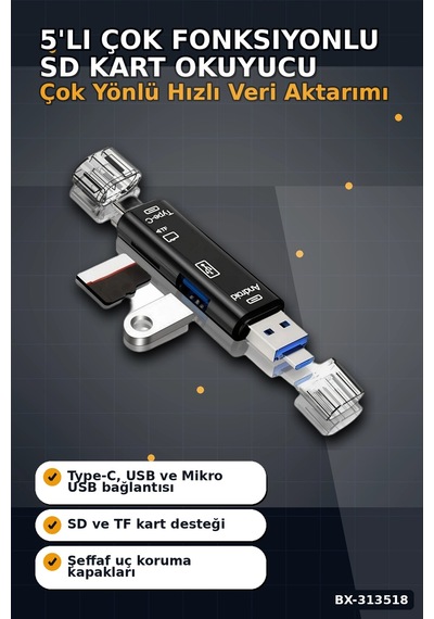 Tip-c Micro Usb Girişli 5'li Çok Fonksiyonlu Sd Kart Okuyucu Otg Dönüştürücü Bx-313518 Çok Renkli